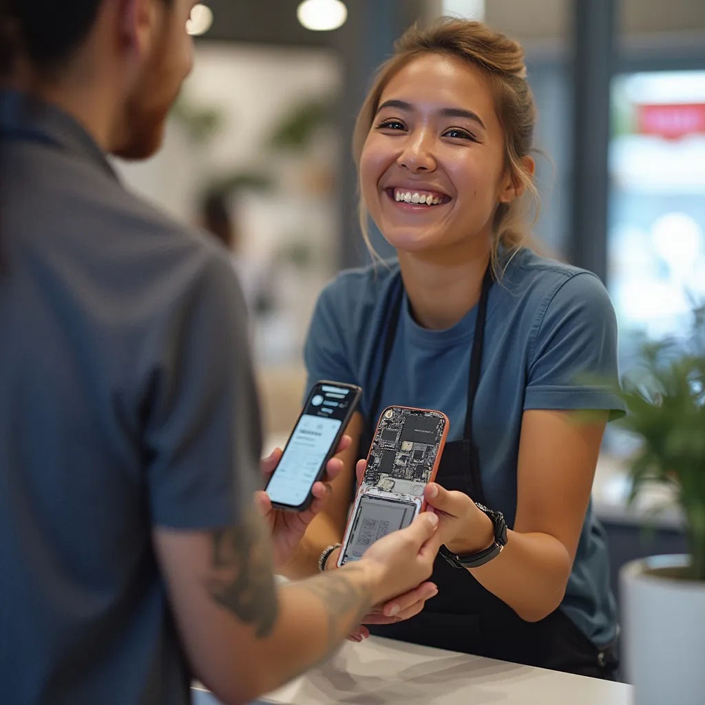Un técnico sonriente entregando un dispositivo reparado a un cliente