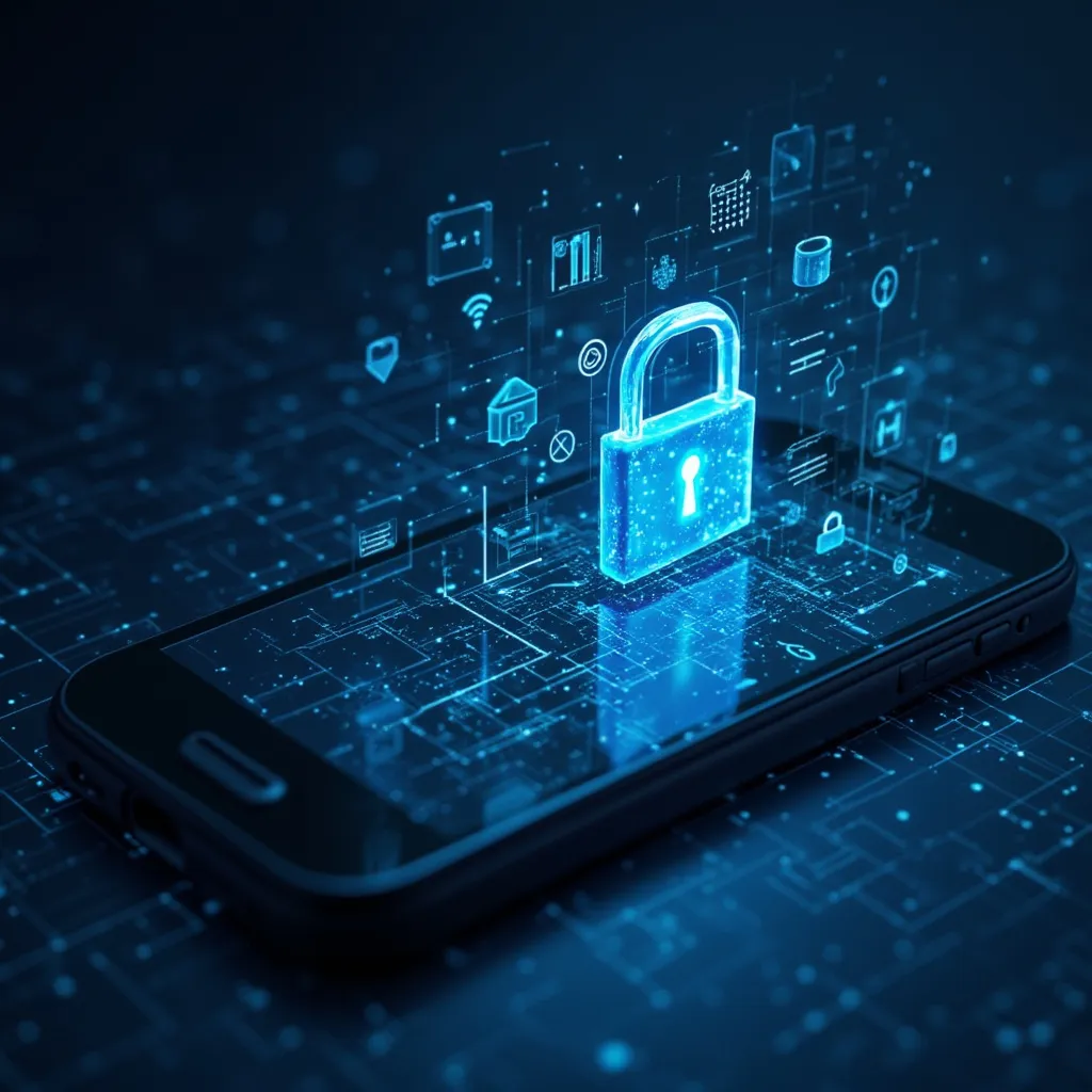 Iconos de seguridad informática sobre pantalla de smartphone